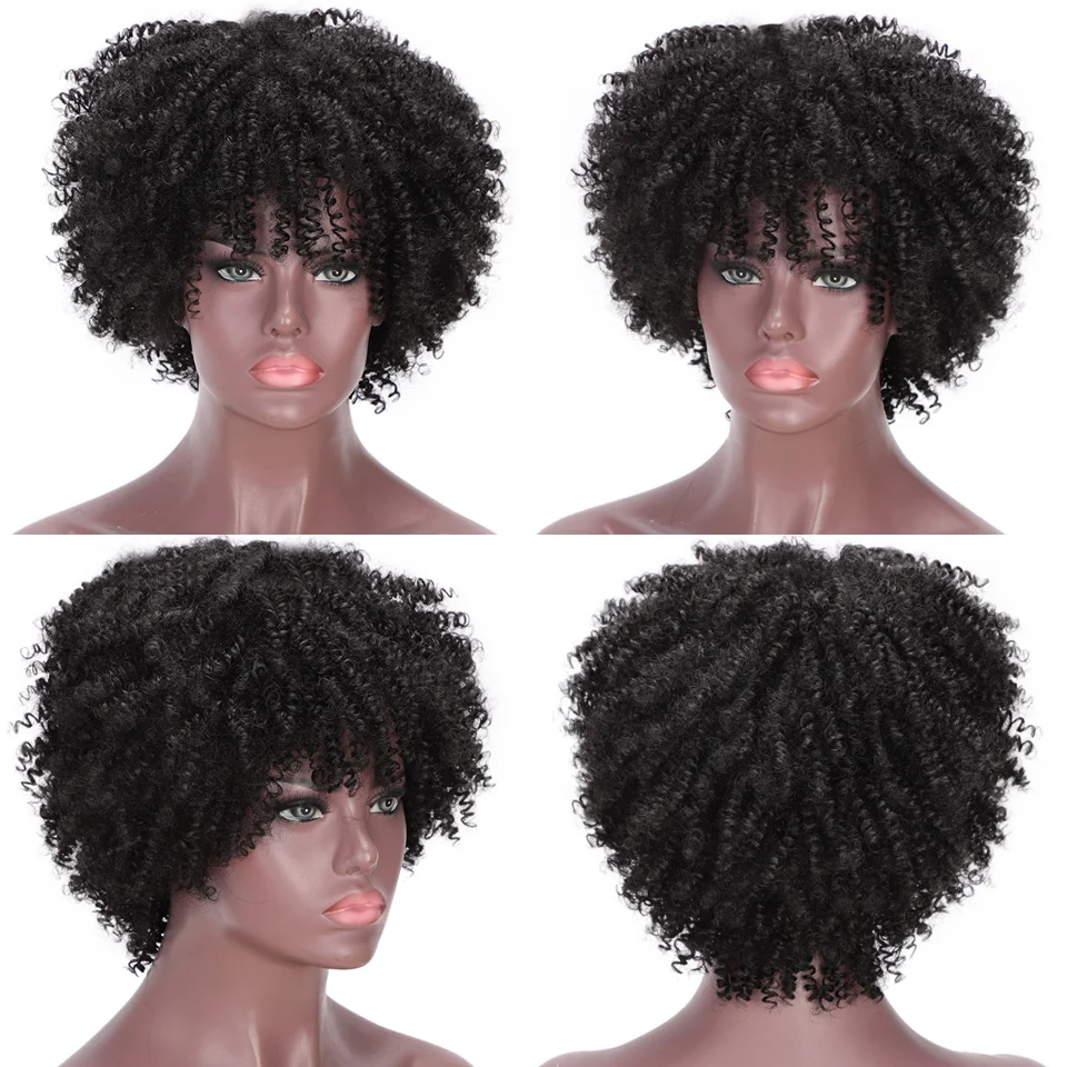 

AISI HAIR Afro Kinky Curly Wig Nature Black Wig With Bangs Synthetic Short Wigs For Black Women Heat Resistant Fiber Hair
