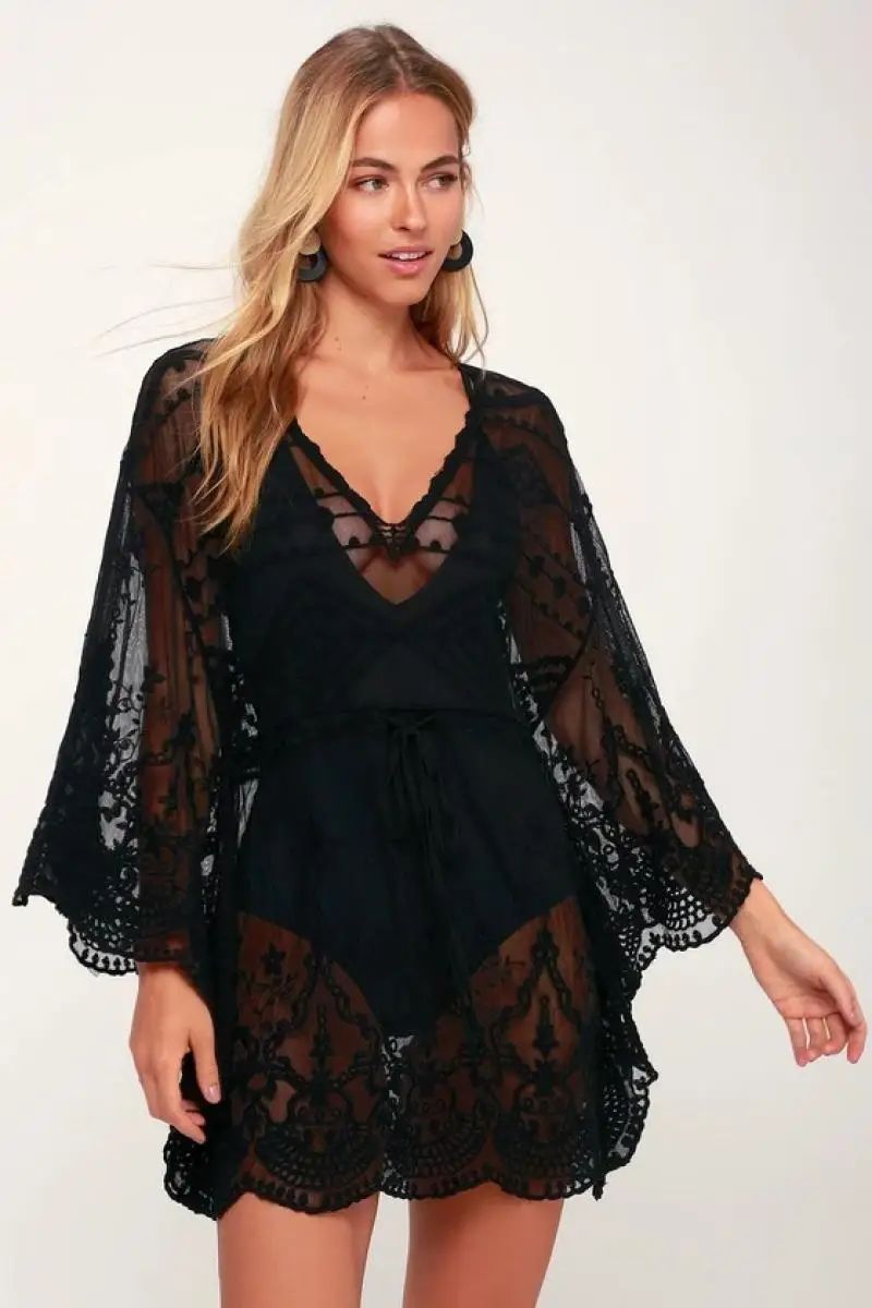 2021 new V-neck lace swimsuit blouse hollow bikini Cover up dress seaside vacation short beach Solid sunscreen clothing