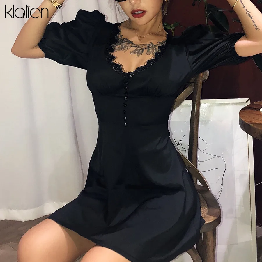 Женское кружевное мини платье kalien черное свободное с рукавами фонариками и v