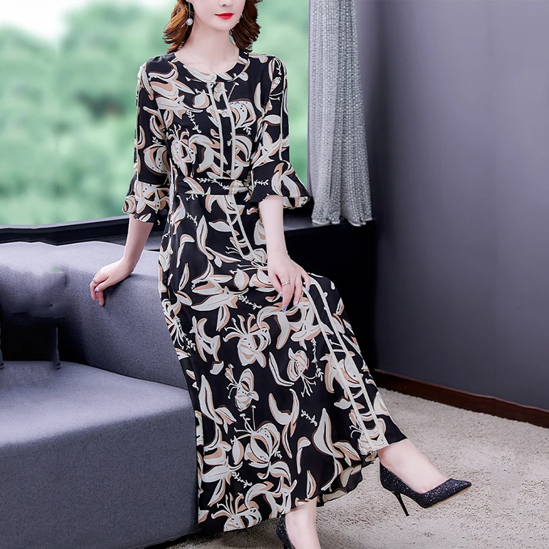 

Mulberry Silk Dress 2021 Summer New Fashion Women's Large Size Korean Slim O-neck Mid-length Black Printed Dress A-line Dress162