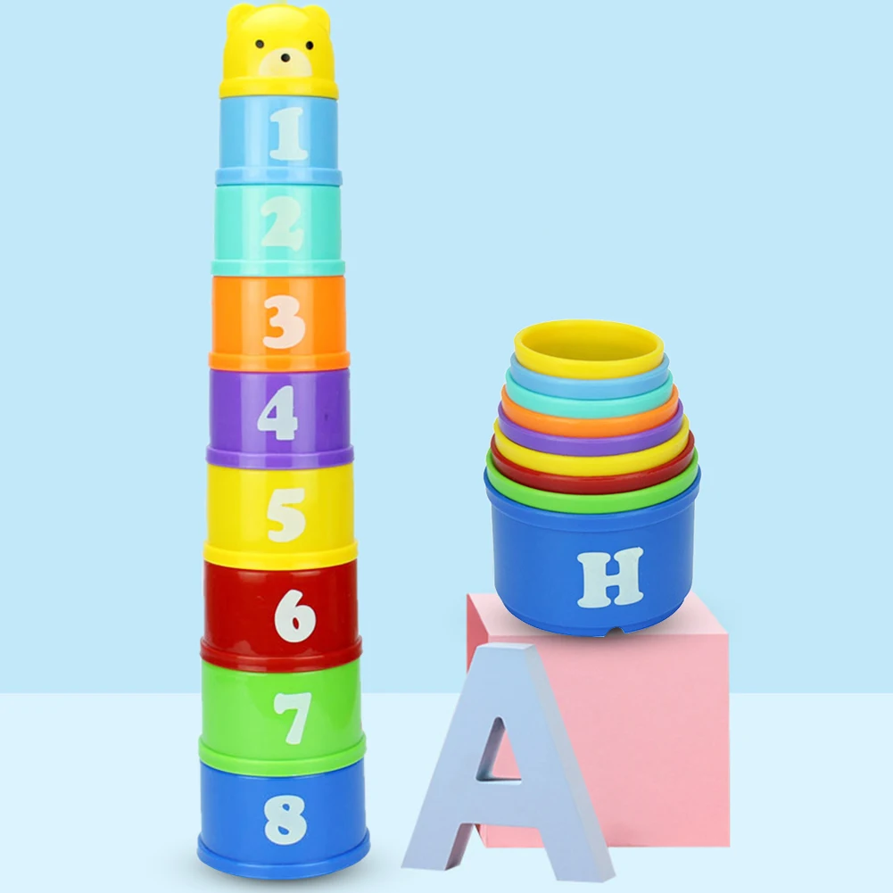 

9Pcs Stacking Cup Color Ring Tower Toy Early Learning Educational Funny Folding Piles Kids Puzzle Toy Stacking Cups Baby