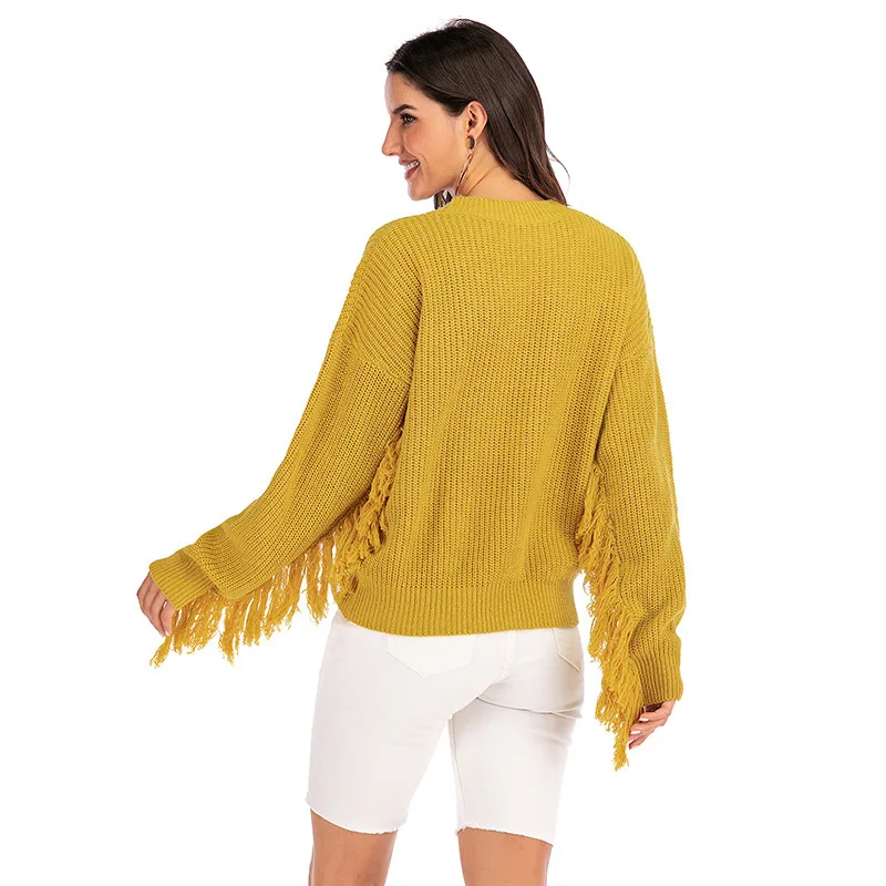 Женский пуловер с длинным рукавом повседневный желтый свитер круглым вырезом и