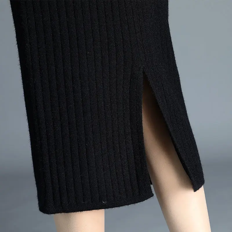 

Elegant 60-80CM Elastic Waist Women Skirt Autumn Winter Warm Rib Knitted Straight Midi Skirt Black Thick Warm Split Pencil Skirt