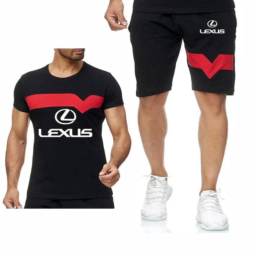 

Unisex Mens Short Sets Lexus Car Logo Printed Summer Cotton Sportswear 2Pcs Tshirt+ Shorts Tracksuit Man Brand Sets