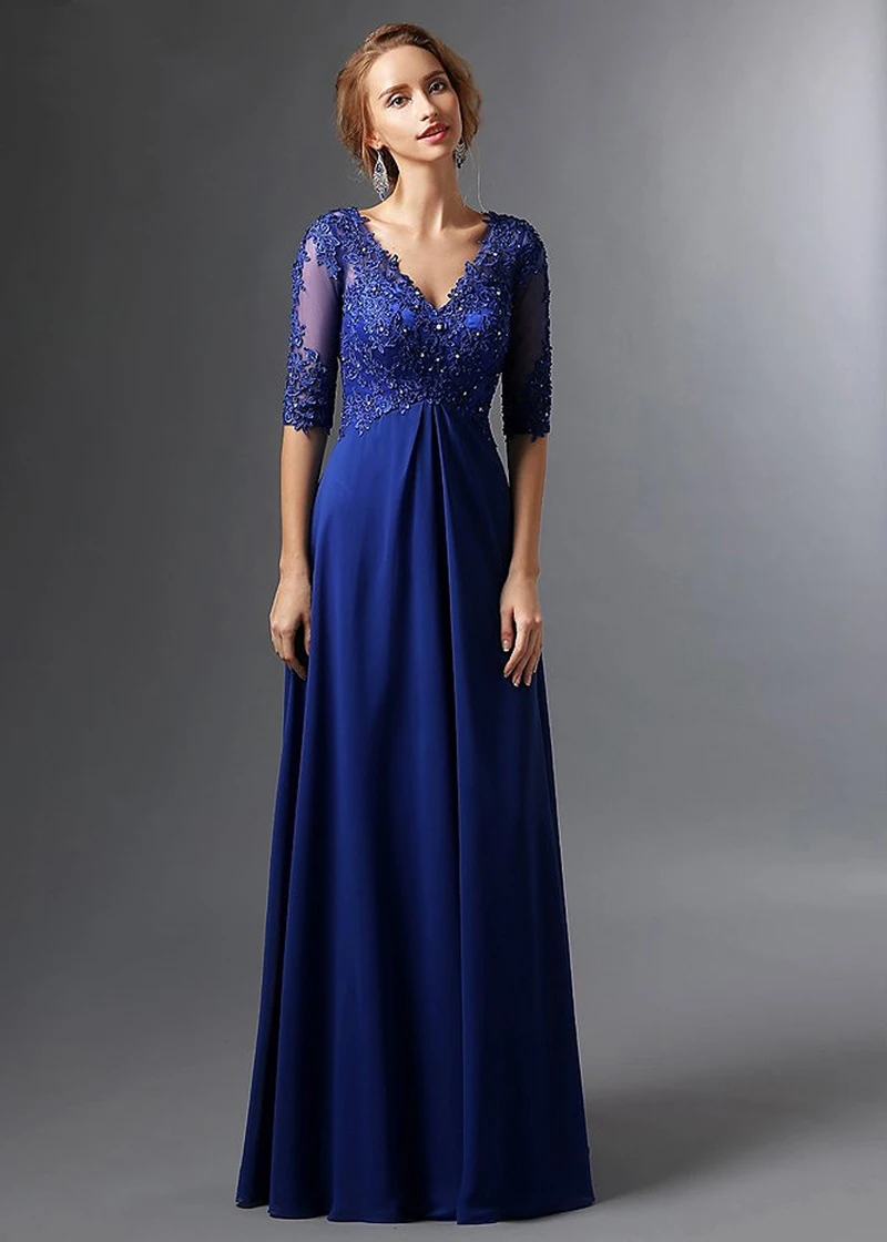 

Royal Blue Prom Dress A-line V-neck Half Sleeve Chiffon Lace Bead Long Elegant Wedding Party Groom Mother Prom Gowns New 2022