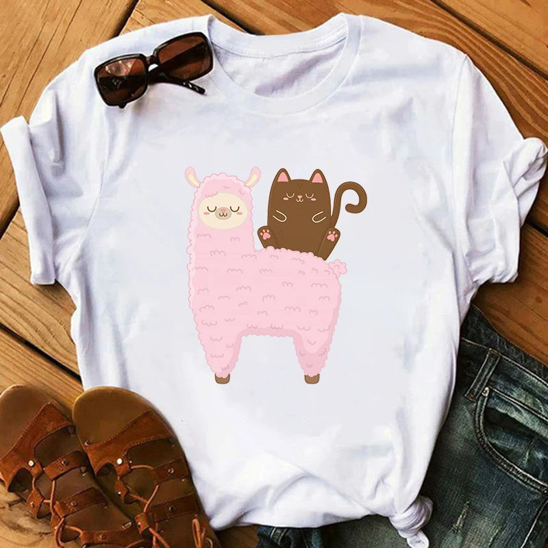 

Grass Mud Horse cartoon Print tshirt women No Prob Llama T-Shirt Female Casual Short Sleeve Graphic Tops Summer Women T-shirts
