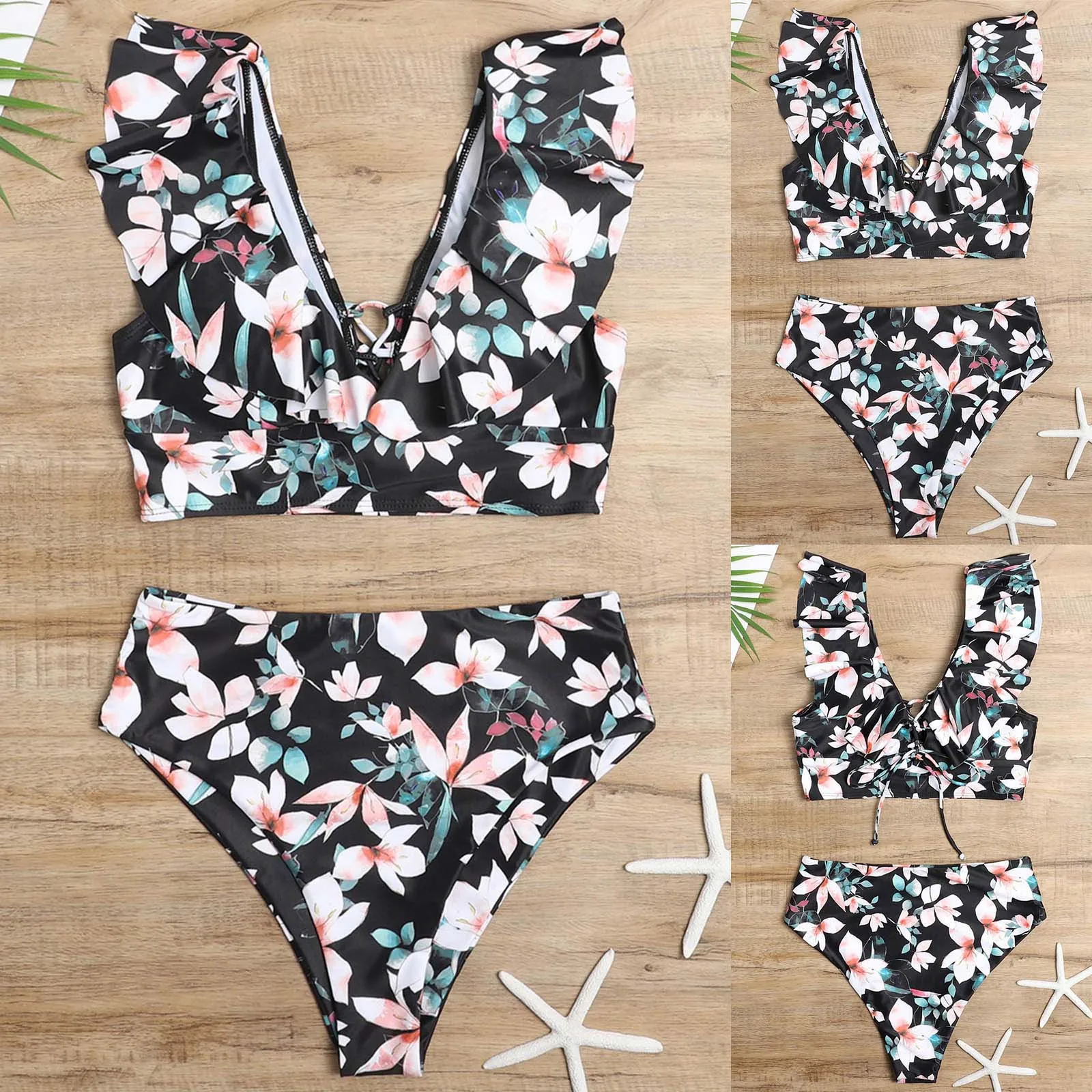 

Women bikini summer fashion new Flower print Ruffle sexy Deep V-neck Halter high waist swimsuit two pieces bikini