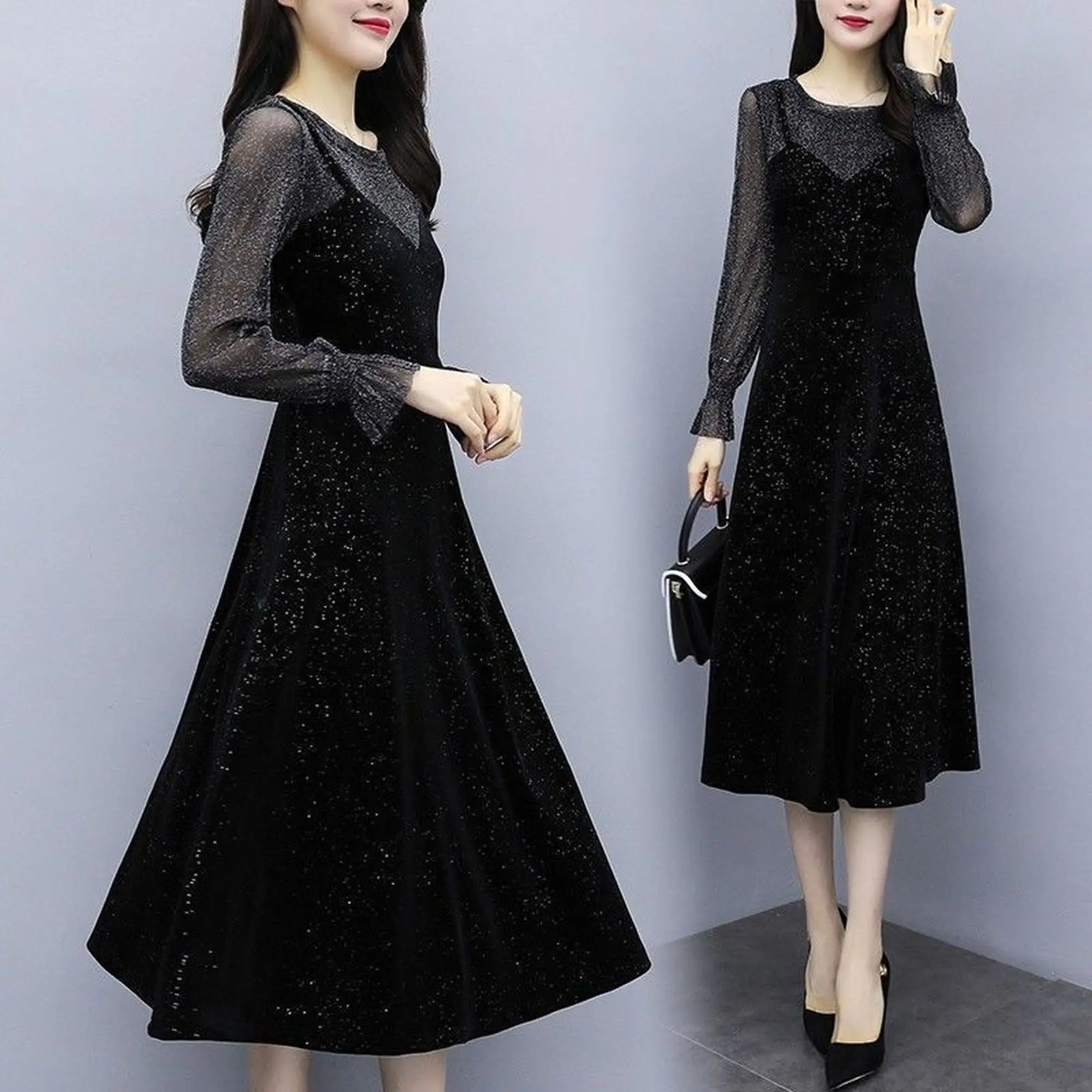 

2020 spring new large size women's fat sister skirt French fake two pieces of fashion temperament sequined dress tide