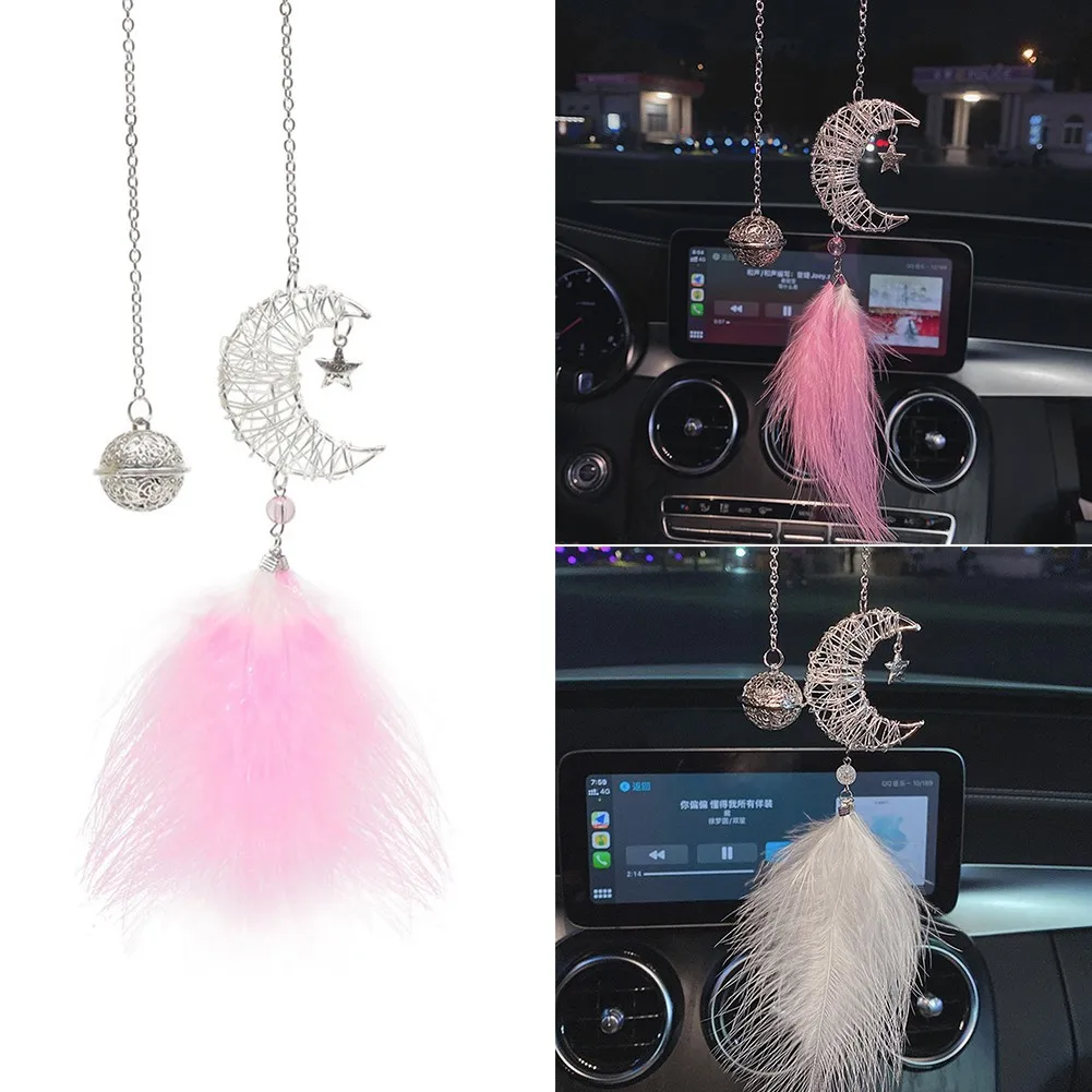 

Metal+feather Car Decoration Rearview Mirror Female Ornaments Starry Moon Dream Mirror Car Ornaments