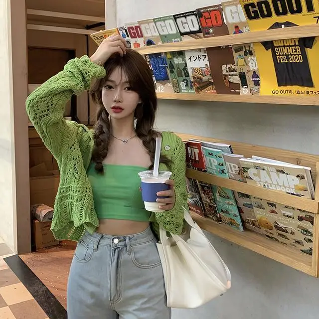 

Richkeda Store New 2021 Green Hollow Knit Cardigan Women's Spring 2021 Short Camisole Short Top Long Sleeve Ribbed Suit