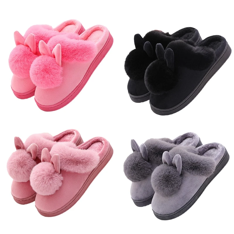 

Симпатичные домашние хлопковые тапочки с длинными ушками в виде животных, Универсальные однотонные Нескользящие ботинки с круглым носком