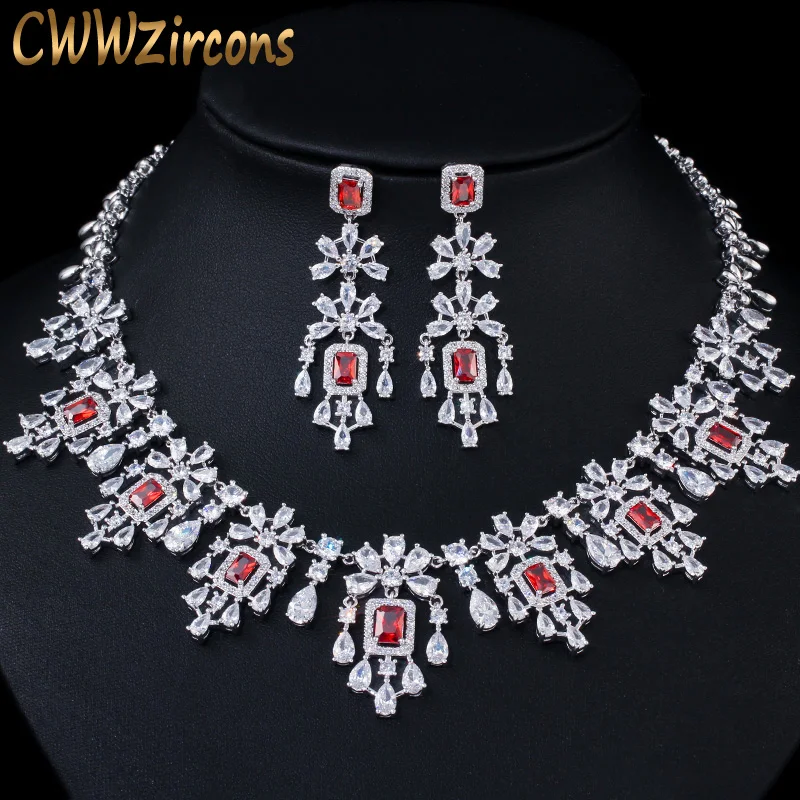 Cwwzircon Блестящий кубический циркон большой круглый капли красное ожерелье серьги
