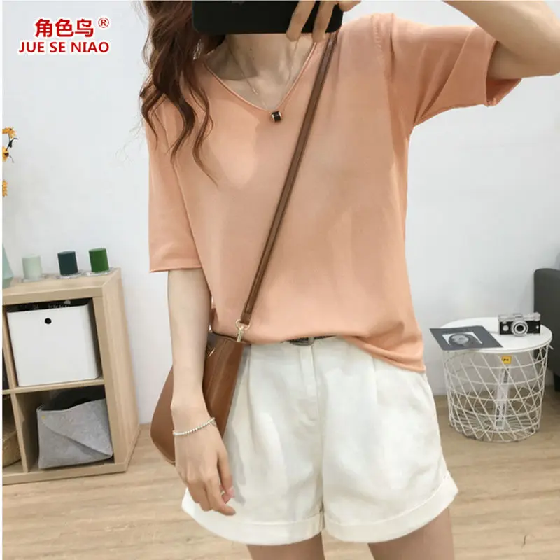 Женская свободная футболка с V-образным вырезом и коротким рукавом | одежда