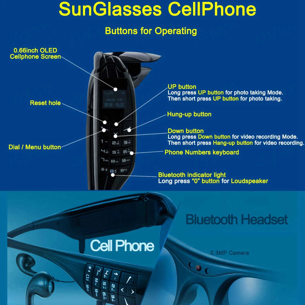 Многофункциональный сотовый телефон GSM Bluetooth 4 1 Гарнитура FM радио очки камера