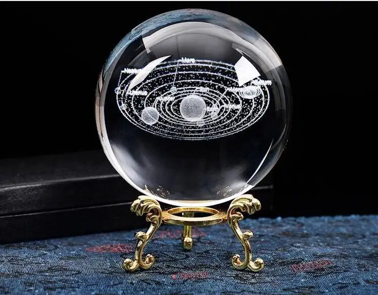 60/80/100 мм 3D лазерной гравировкой Galaxy Стекло кристалльных шариков миниатюры мальчик подарки Сфера аксессуары для украшения дома Глобус Вселенная P - Цвет: Solar Gold Base