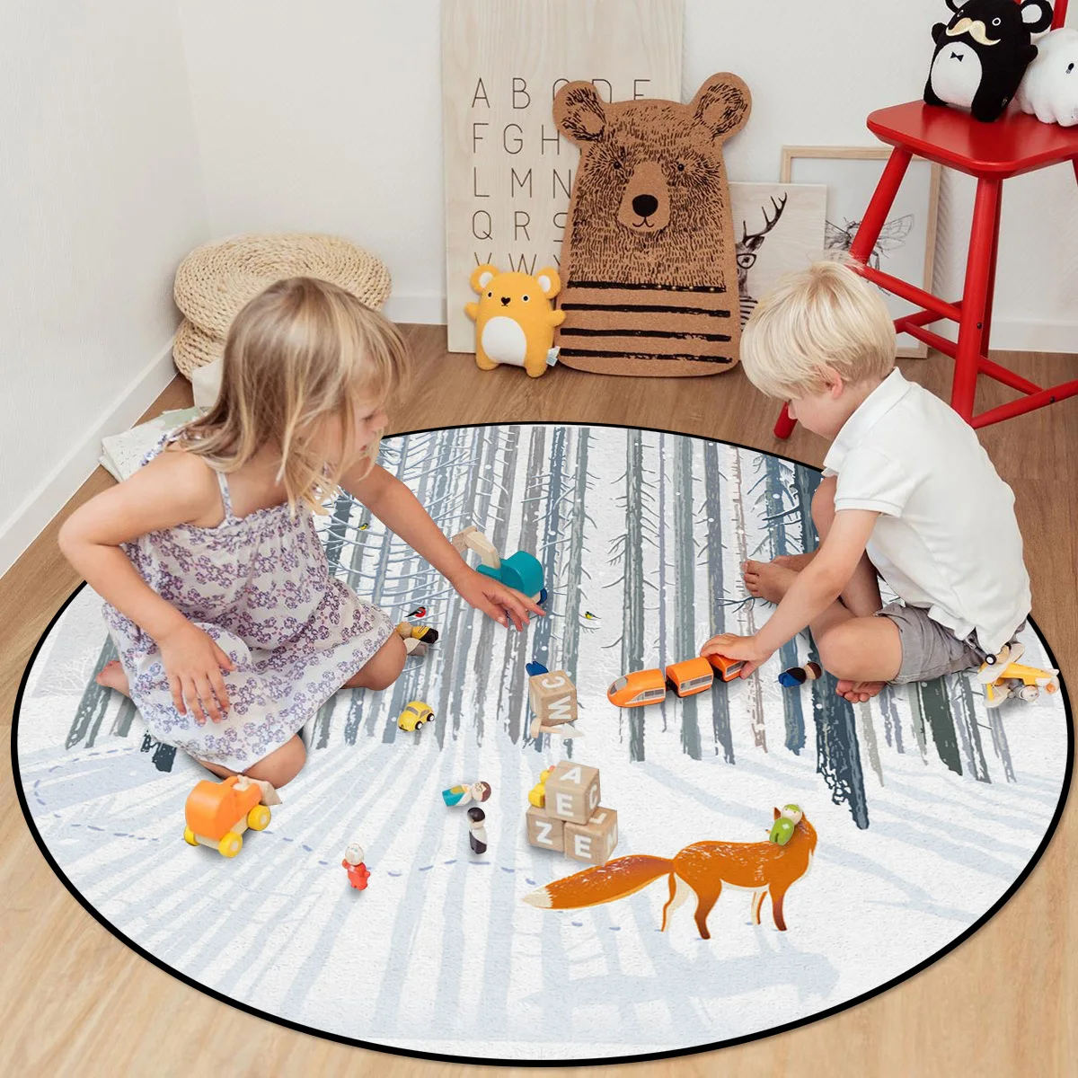 Большие круглые коврики с белым принтом животных птиц лисы лес для гостиной