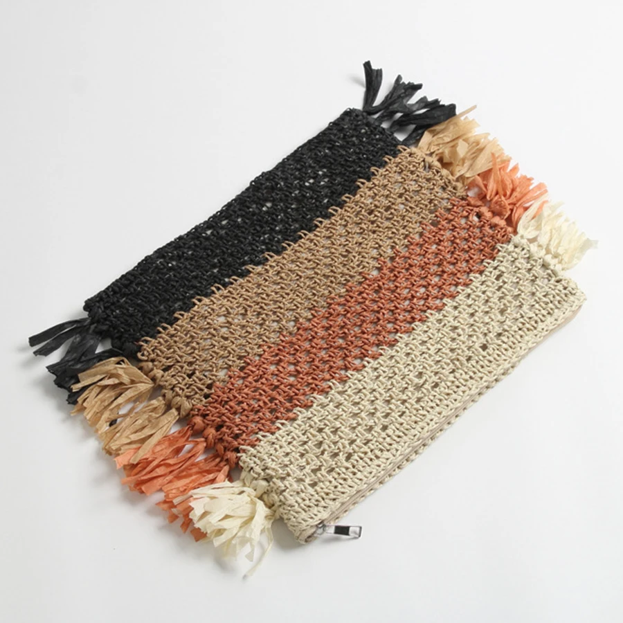 

2021 New Fashion Stripe Women's Bag Bohemian Style Straw Weave Clutch Casual Design Tassel Women Handbag Beach Summer Purse