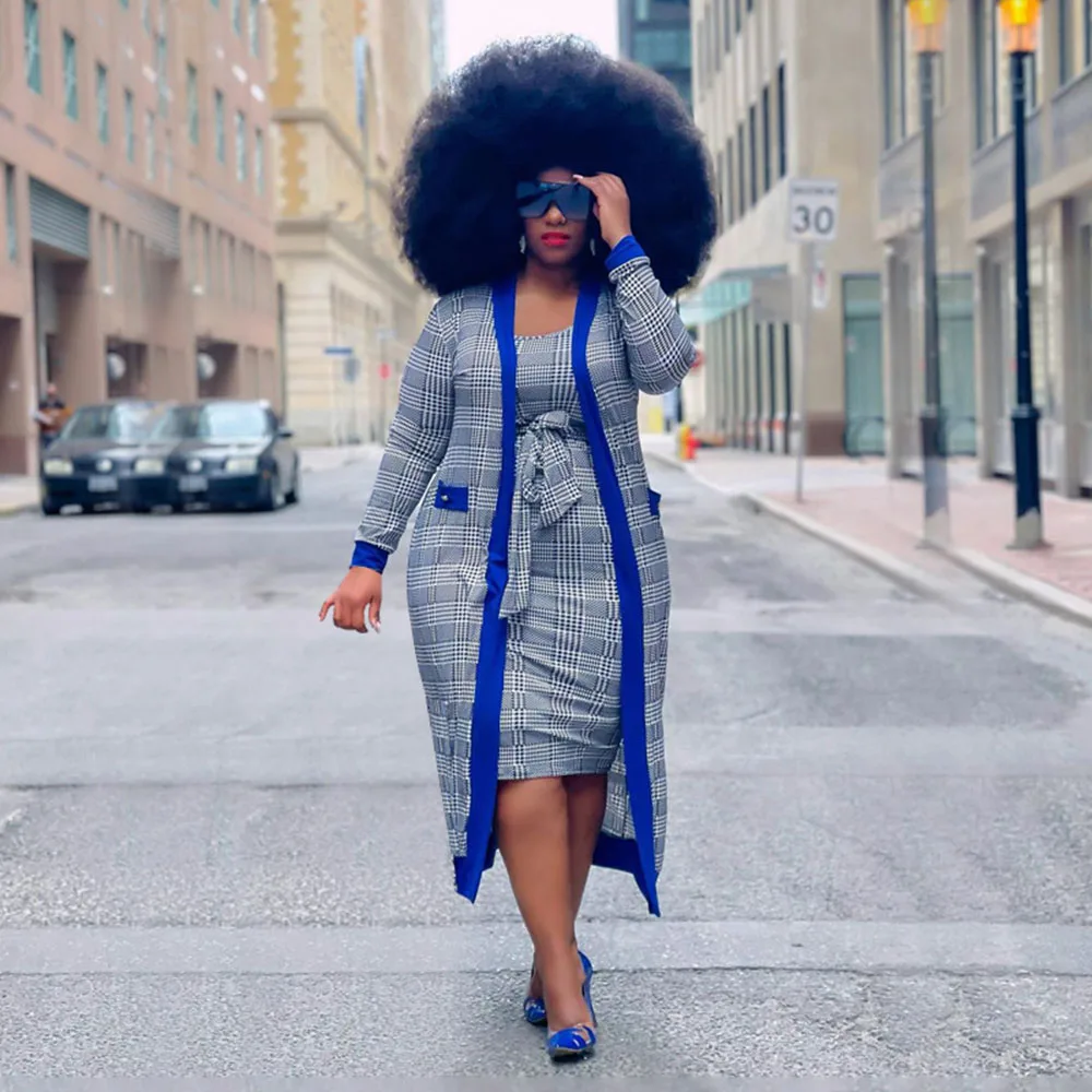 

Women's Winter Dress Suit Casual Fashion Commuter Style Waist Check Long Sleeve Round Neck Plus Size Skirt Jacket Two-piece Sets