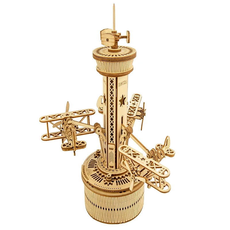 

255pcs DIY 3D Airplane Control Tower Wooden Puzzle Game Assembly Music Box Toy Gift for Children Kids Adult