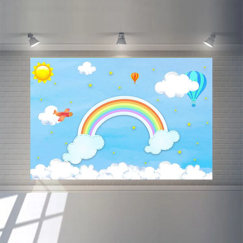 Mocsicka Birthday Party Photography Backdrops Rainbow Blue Sky White Cloud Photo Background Hot Air Balloon Baby Shower Backdrop |