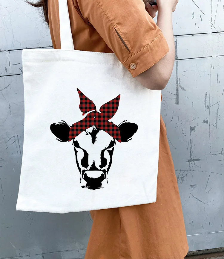 

Холщовая Сумка-тоут с банданом, экологически чистая многоразовая сумка для покупок с коровьим принтом, студенческие книжные сумки, повседневная дамская сумочка