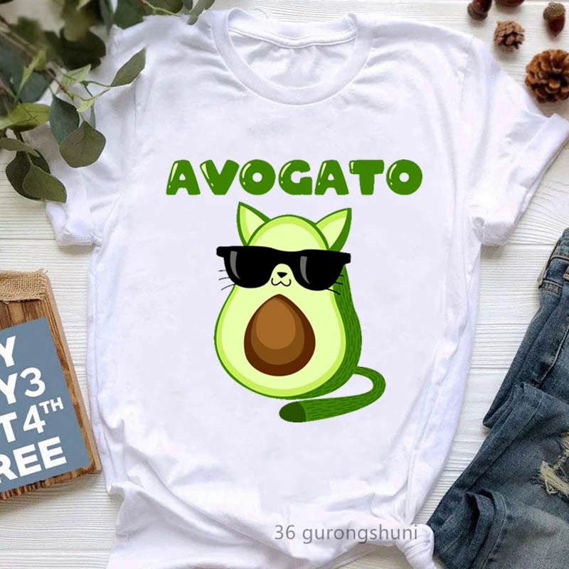 

Funny Avocado Cat Graphic Print T-shirt Women's Harajuku Kawaii White T-shirt Women's Summer Fashion Women's Top