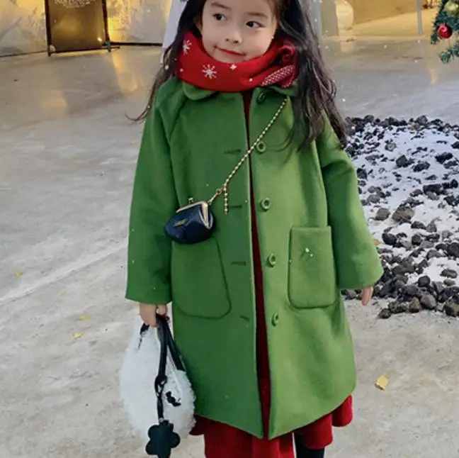 Осенне-зимнее плотное теплое зеленое длинное шерстяное пальто для маленьких
