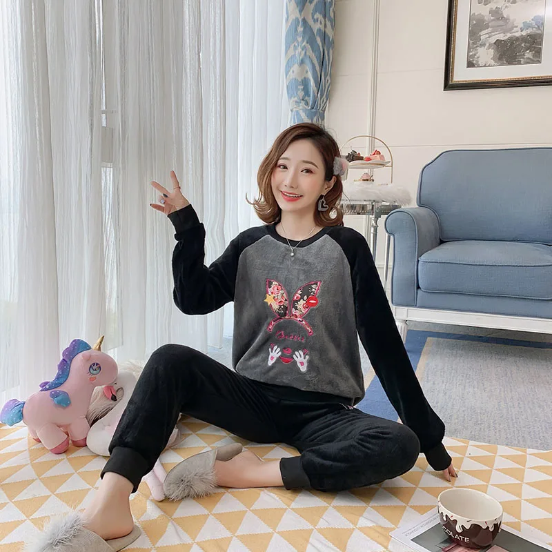 Осенняя Женская пижама черный и серый сшитый маленький новый пижамный комплект с