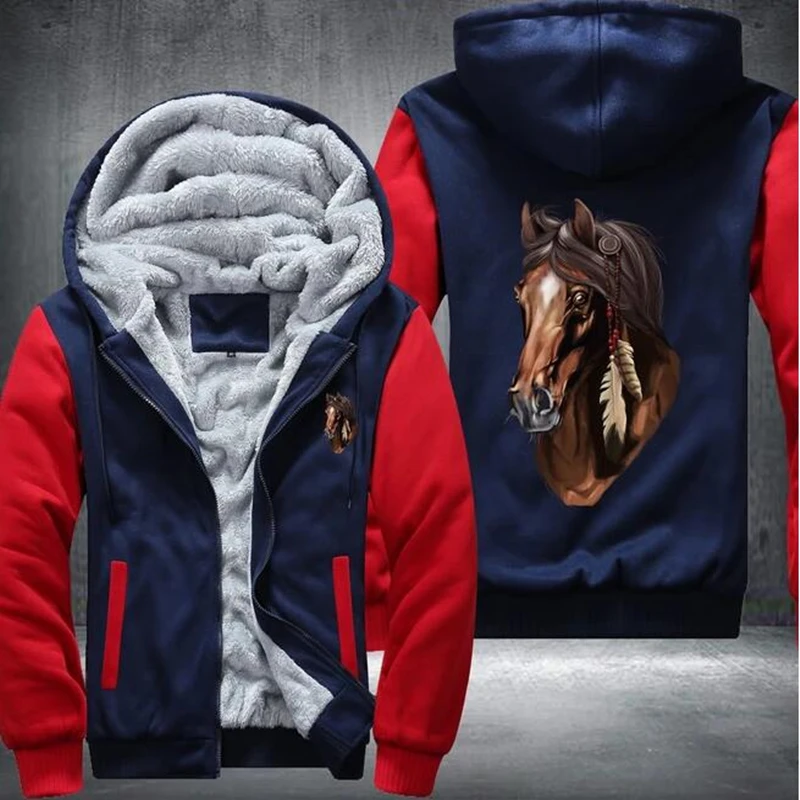

Raweno Horse Printed Mens Winter Hoodies Man Casual Sweatshirts Hooded Zipper Jackets Fleece Sportswear Thicken Warm Outwear