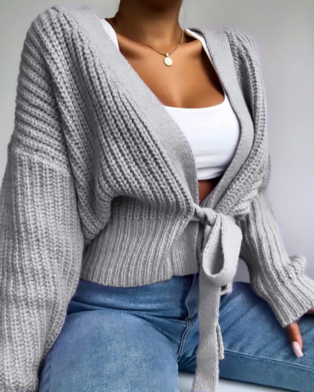

Women's Sweater V-Neck Cardigan Lace Up Bow Sweater Solid Color Female's Coat White Purple