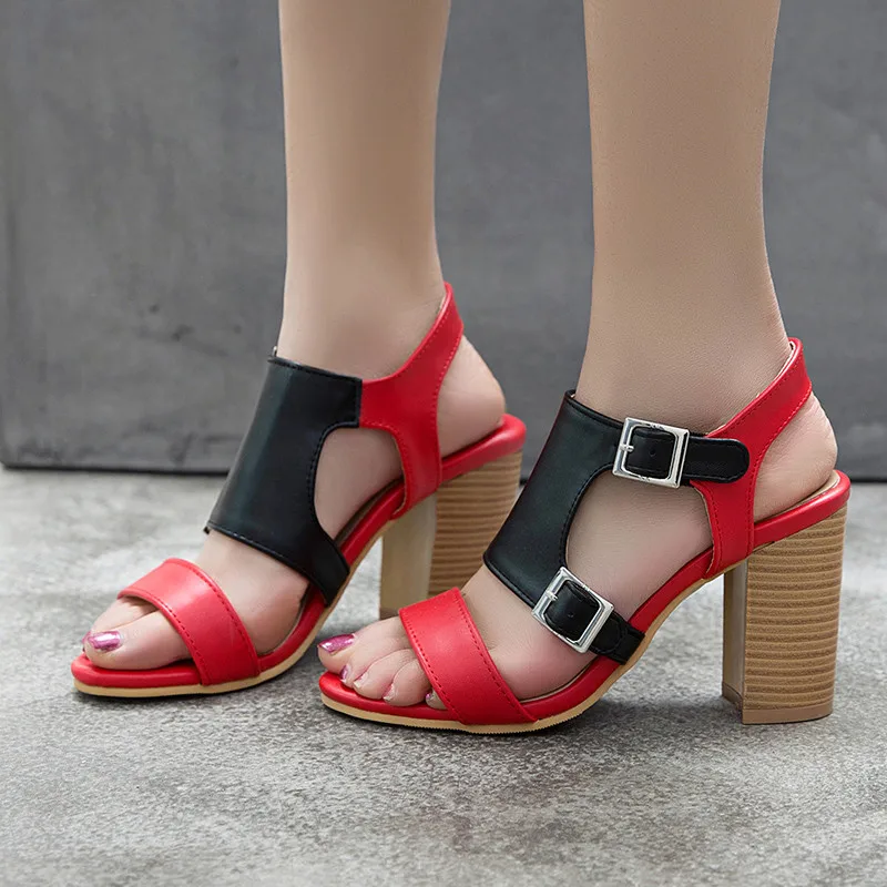 

Small Size 33 Sandals Women Ladies Double Buckle Chunky Heels Thick Square High Heeled Sandals Woman Largest Size 50 Shoes Party