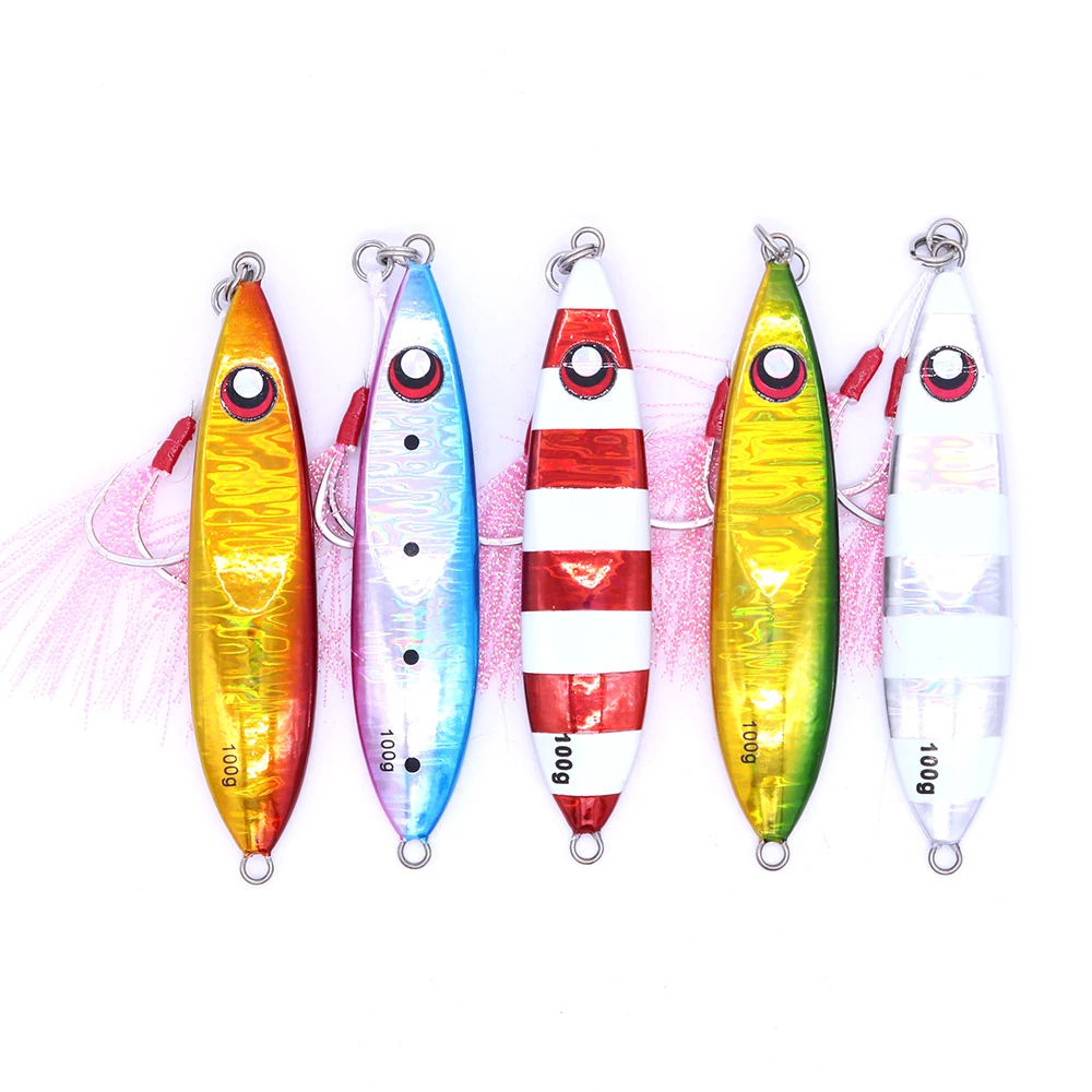 

CASTFUN Jigging Lure 60g 80g 100g 130g 160g 5pcs Pike Lures Double Assist HookMetal Jig Slow Jigging Sea Fishing