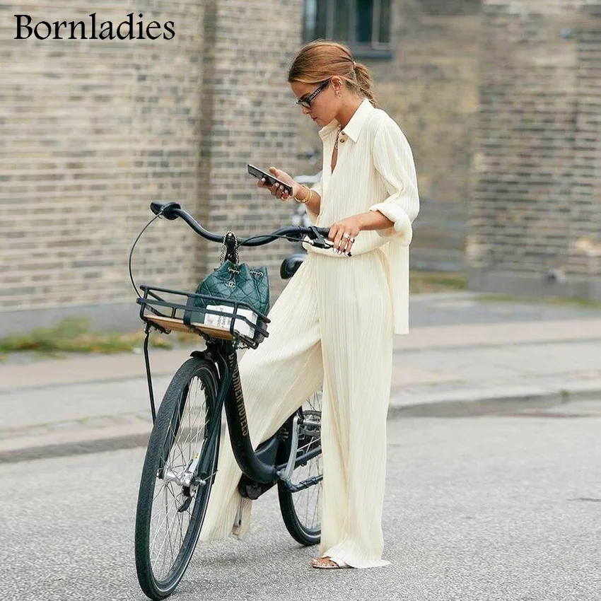 Комплекты женских плиссированных широких брюк Bornladies брюки палаццо с высокой