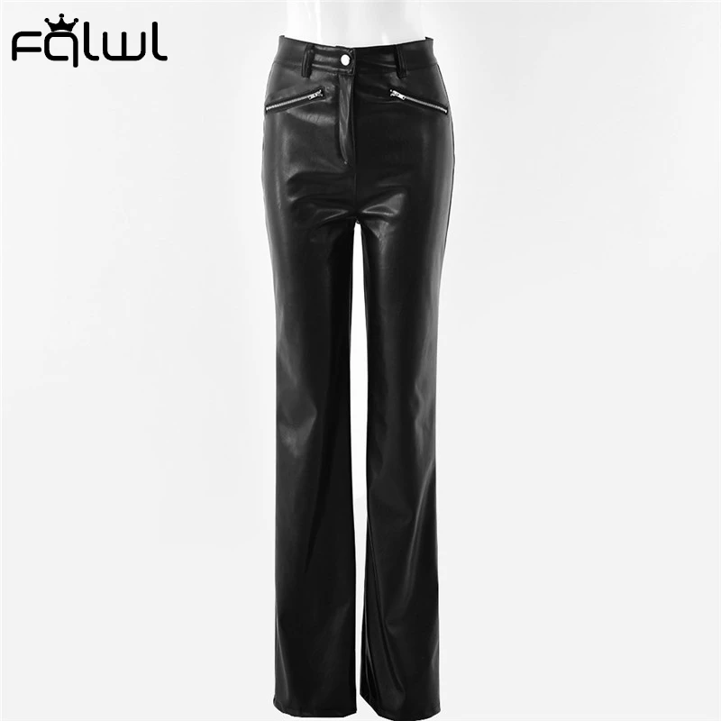 

FQLWL Faux PU Leather High Waist Wide Leg Pants Women Black Red Sexy Bodycon Pants Fall Winter 2020 Flare Pants Baggy Female