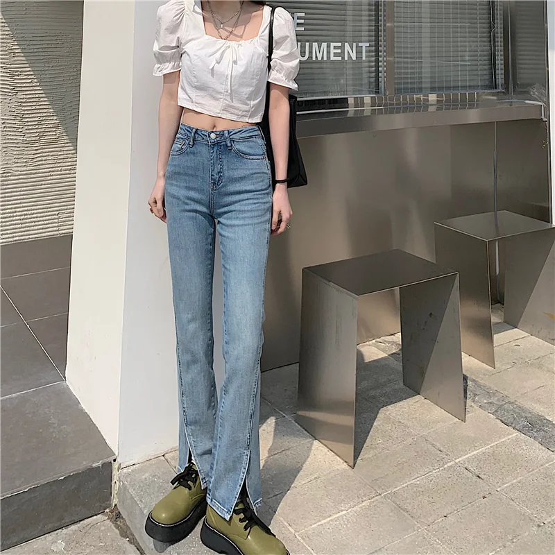 Новая Корейская версия 2021 облегающие слегка синие прямые брюки на ощупь с