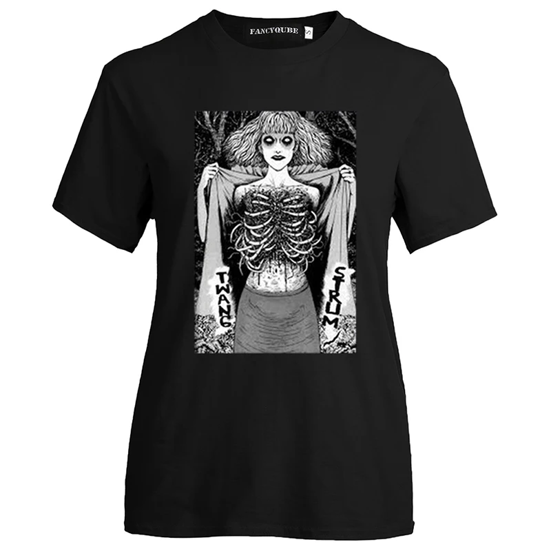 W21013BK Аниме Tomie Junji Ito тройник женский ужас манга короткий рукав o-образным вырезом Топы аниме Гуро Япония Jap o-образным вырезом Футболка Homme - Цвет: W21013BK