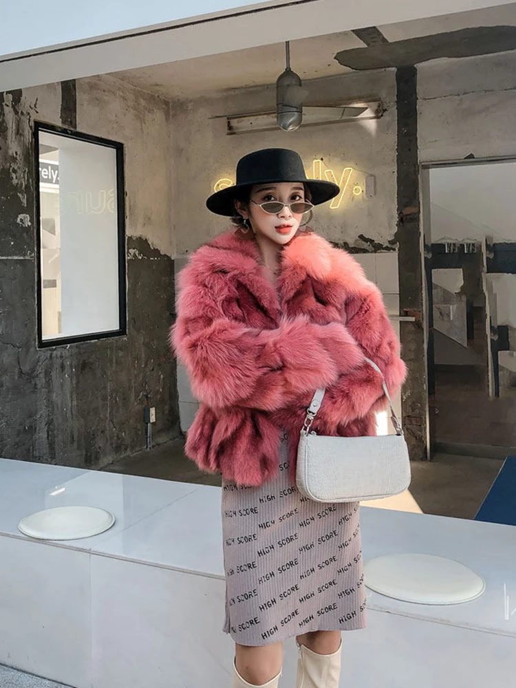 Women Natural Real Fox Fur Short Jacket Coat Winter Warm Long Sleeves Jacket Girl's Casual Overcoat rf1