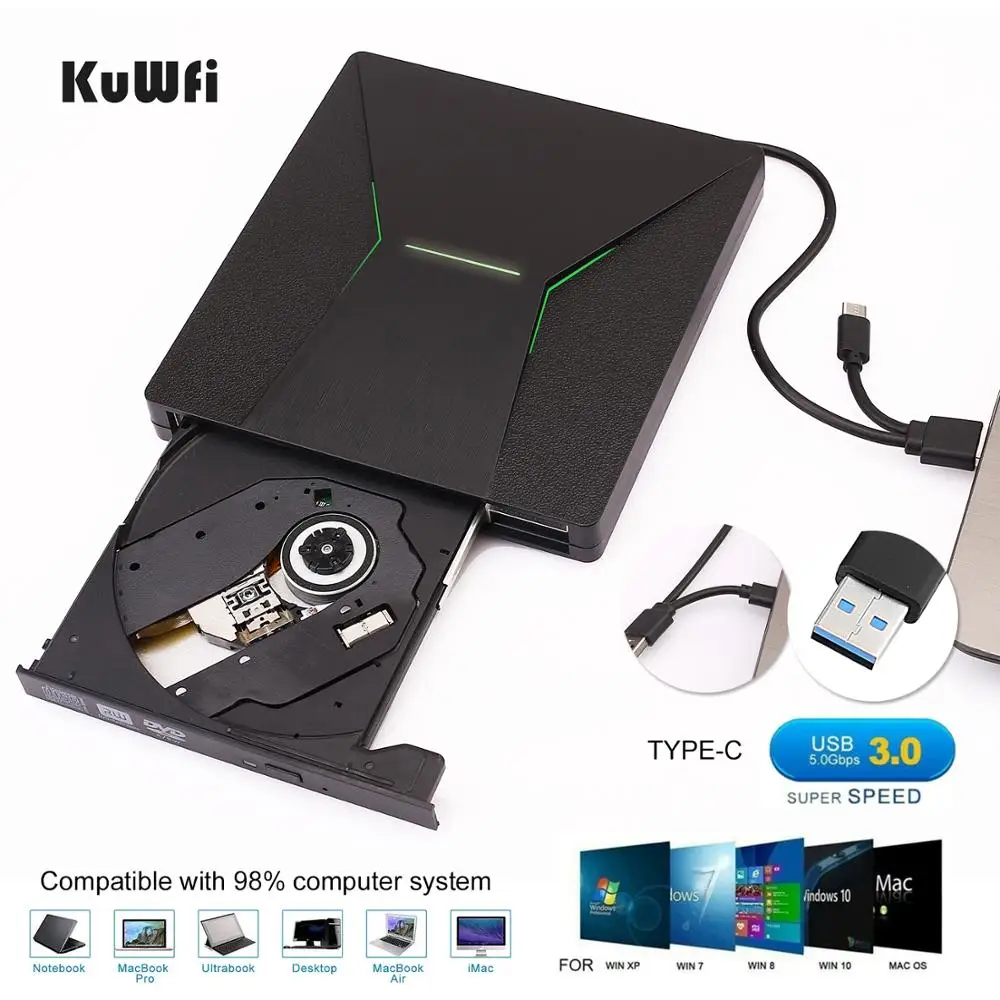KuWfi USB 3 0 Тип C Портативный с высоким уровнем Скорость DVD +/RW красочными светильник