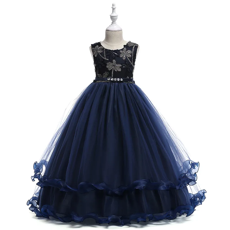 Leaf Appliques Embroidered Navy Burgundy Children Evening Gowns Kids Prom Dresses Long Elegant Party Dress for Girls | Детская одежда и