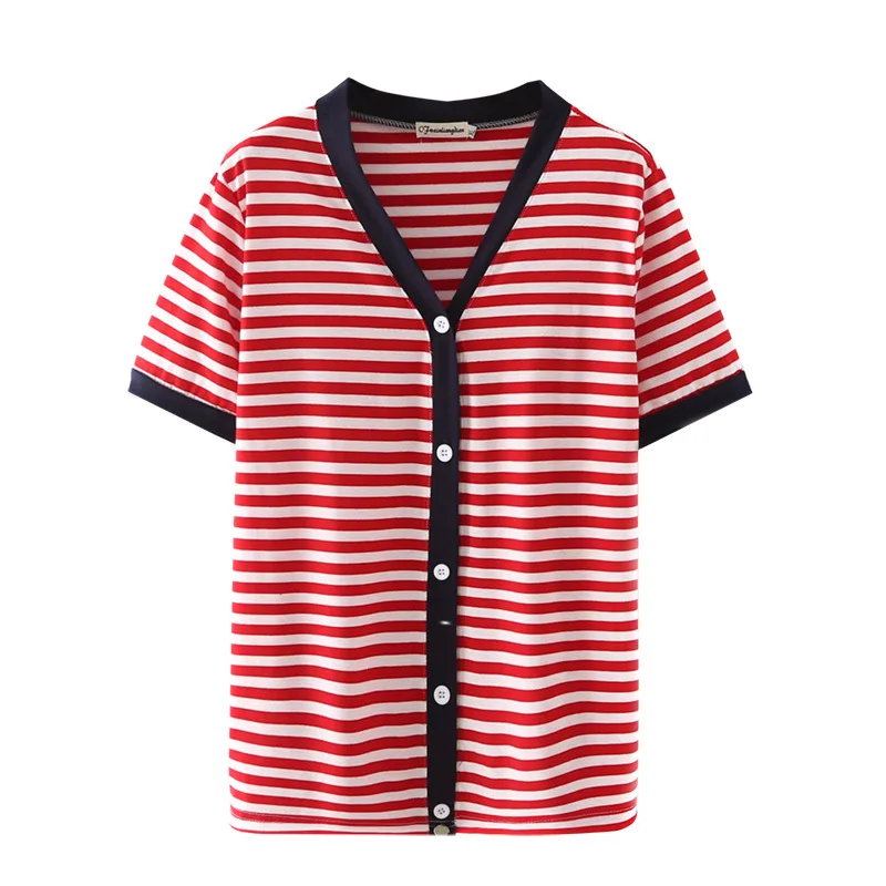 

Женская футболка большого размера, футболки 2021, летняя модная повседневная одежда, топы с коротким рукавом, полосатые контрастные цвета, ...