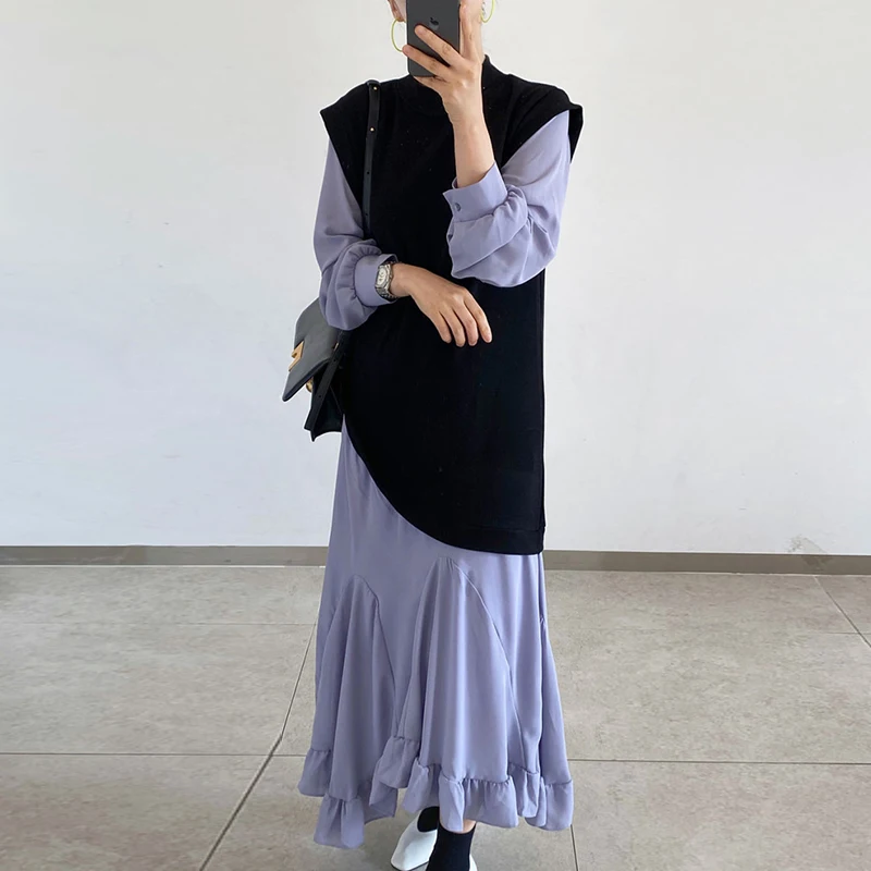 

[SUOOUYA] Women Irregular Ladies Casual Dresses Color Matching Ruffle Fake Two Maxi Dress Long Sleeve Loose Long Dresses 2021