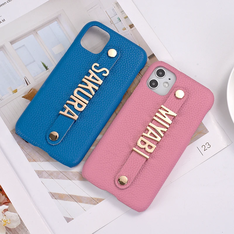 

Holding Strap Metal Personalization Your Name Pebble Grain Leather Genuine For iPhone 12 11 Pro Max X XS XR Max 8 7Plus 8Plus