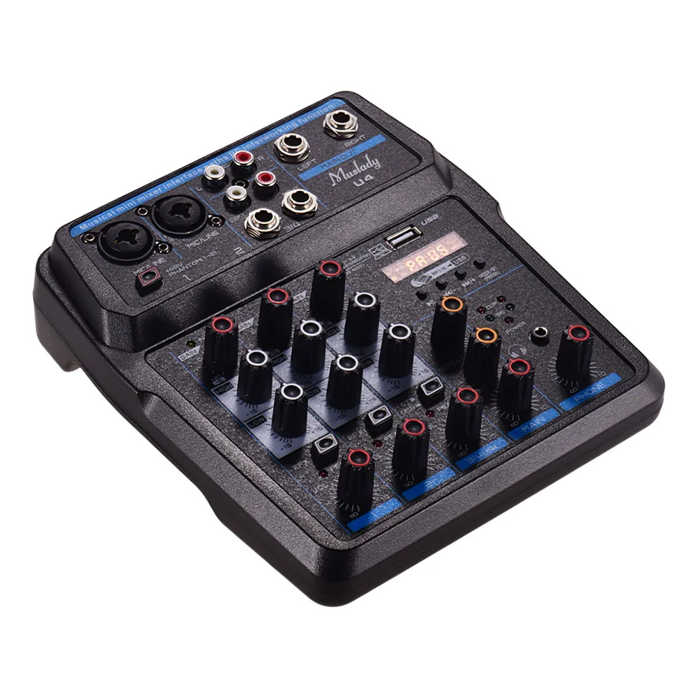 

Muslady U4 Портативный 4 Каналы звукомикшер BT USB микшерный пульт с звуковая карта встроенная 48В Мощность вилка стандарта ЕС/США