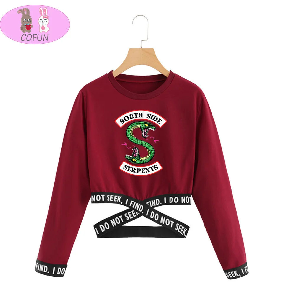 

COFUN Leisure HIP HOP Riverdale Out Waist Cross Harajuku Streetwear Long Sleeve Crop Women South Side Serpent Print Clothing