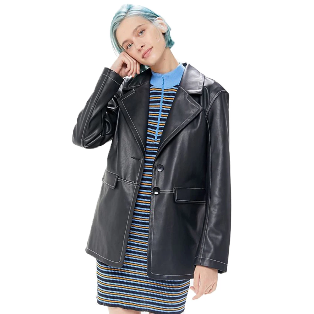 

Female 2020 New Design Spring Autumn PU Leather Jacket Faux Soft Leather Coat Slim Black Rivet Button Motorcycle Black Jackets