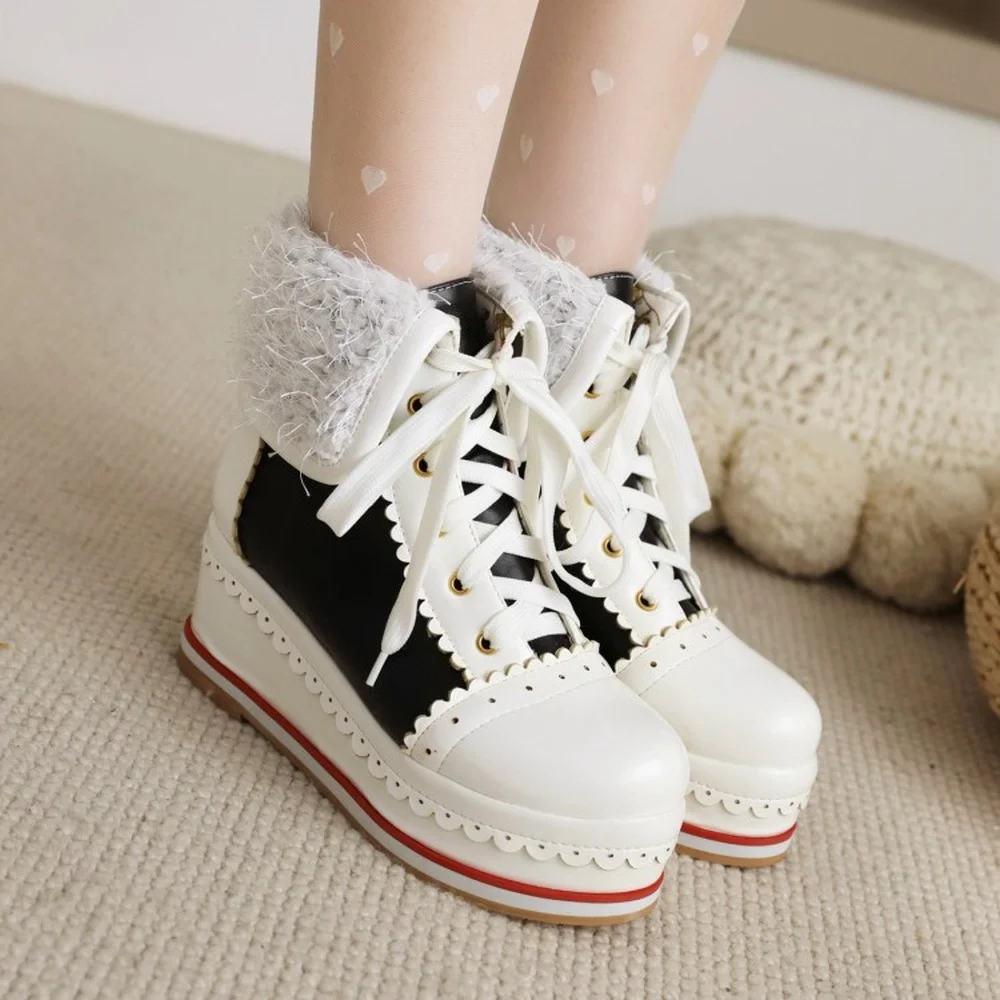 

OEING Womens Round Toe Match Colors Lace Ankle Boots Wedge High Heel Sneakers Casual Shoes Platform Lace Up Lolita Sweet