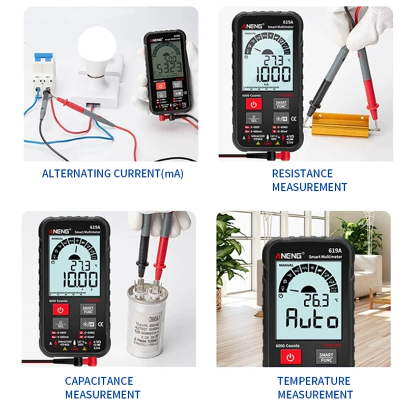 

619A Professional Multimeter Electric Tester Digital Polymer with Probes for Multi-tester Multifunction 6000 Counts Voltmeter