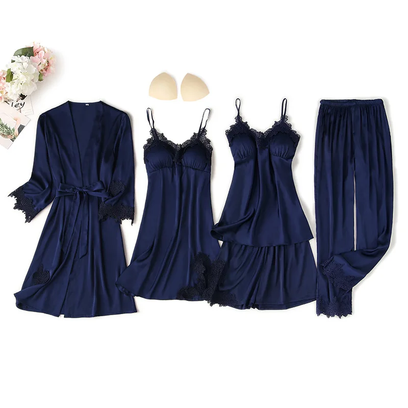 

Five piece Pajama Set Women Lace Trim Satin Sleepwear Pyjamas Pour Femme Summer Nightwear With Pants Casual Home Wear Kimono