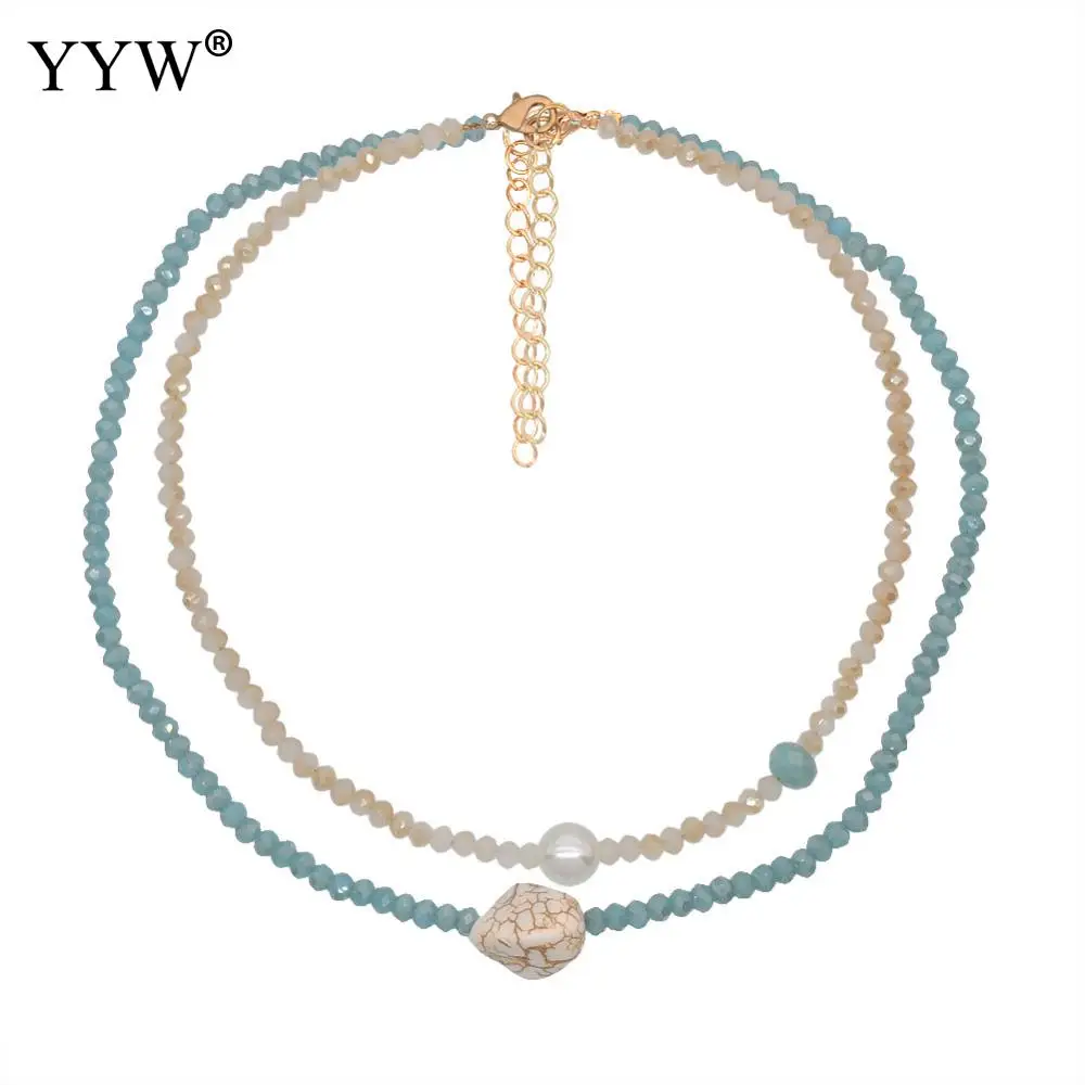 

Женское Двухслойное ожерелье с кристаллами, подходящее ко всему богемное колье до ключиц с искусственным пластиковым жемчугом, ожерелье в ...