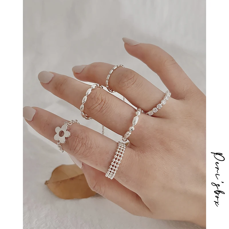 

Peri'sBox Silver Color Beads Chains Sparkly Rhinestone Rings For Women Flower Tassel Link Chain Ring Romantic Trendy Ring Gifts